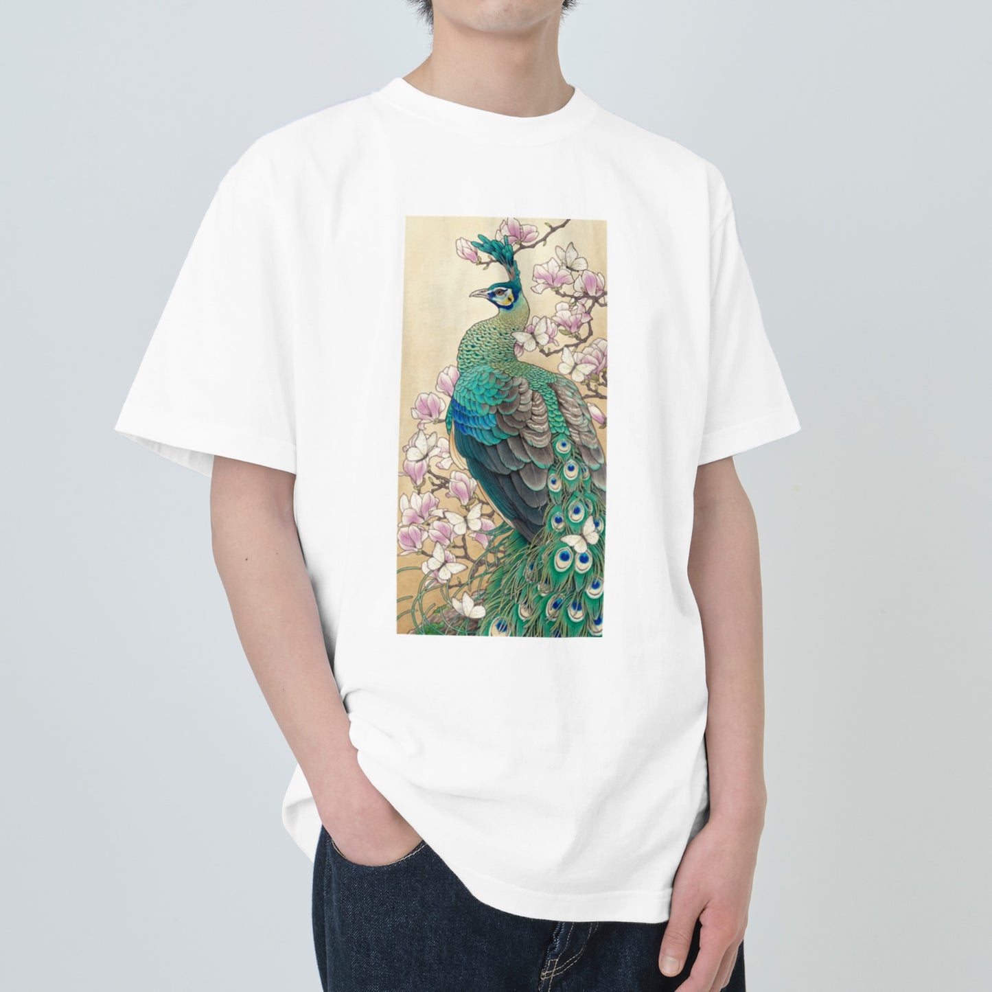 Green peafowl & Magnolia -7.5oz heavy cotton T-shirts