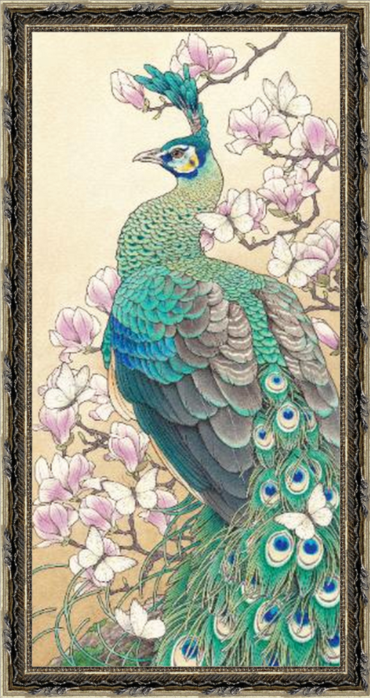 Green peafowl & Magnolia マクジャクと木蓮 (額装付)