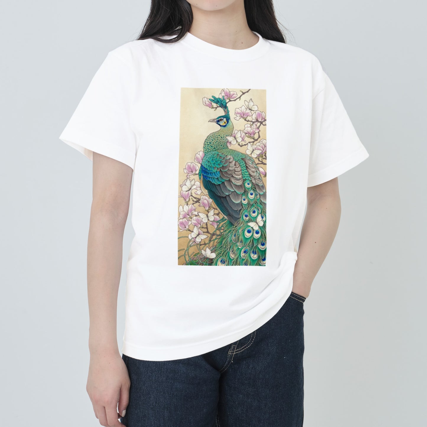 Green peafowl & Magnolia -7.5oz heavy cotton T-shirts