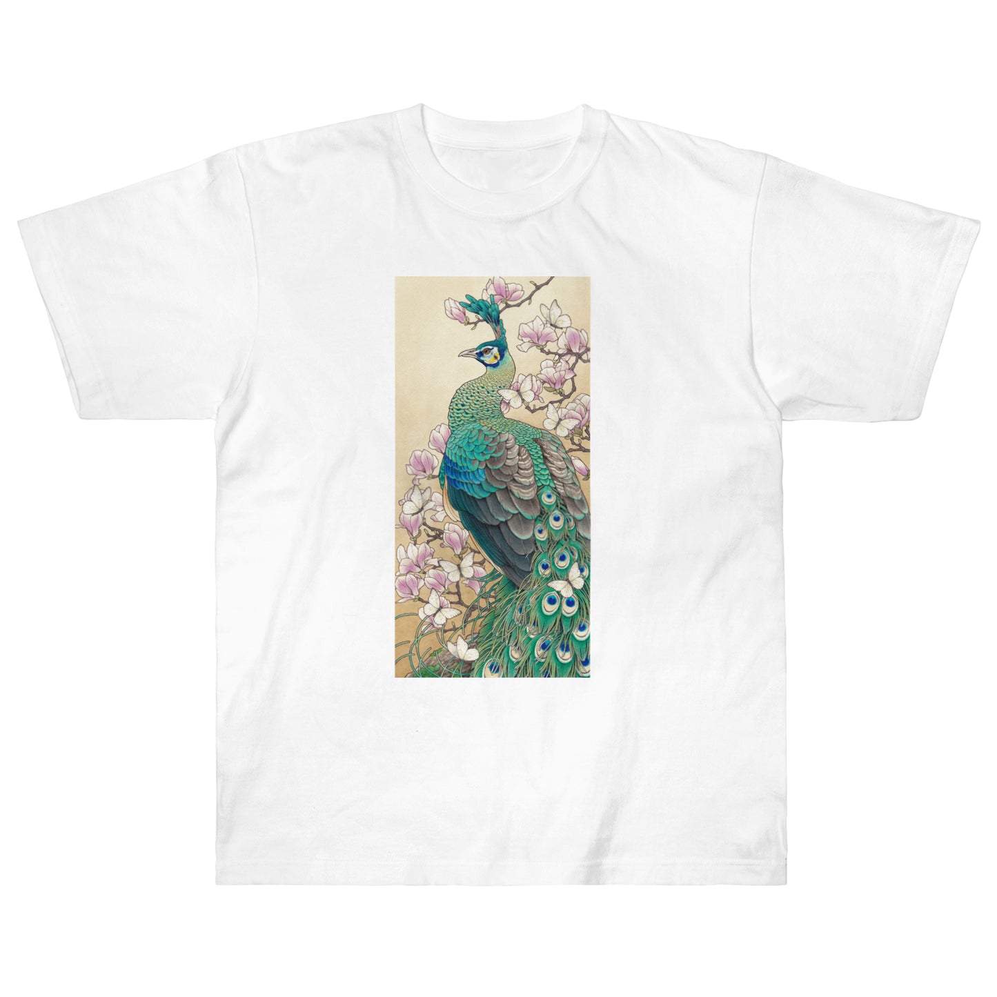 Green peafowl & Magnolia -7.5oz heavy cotton T-shirts