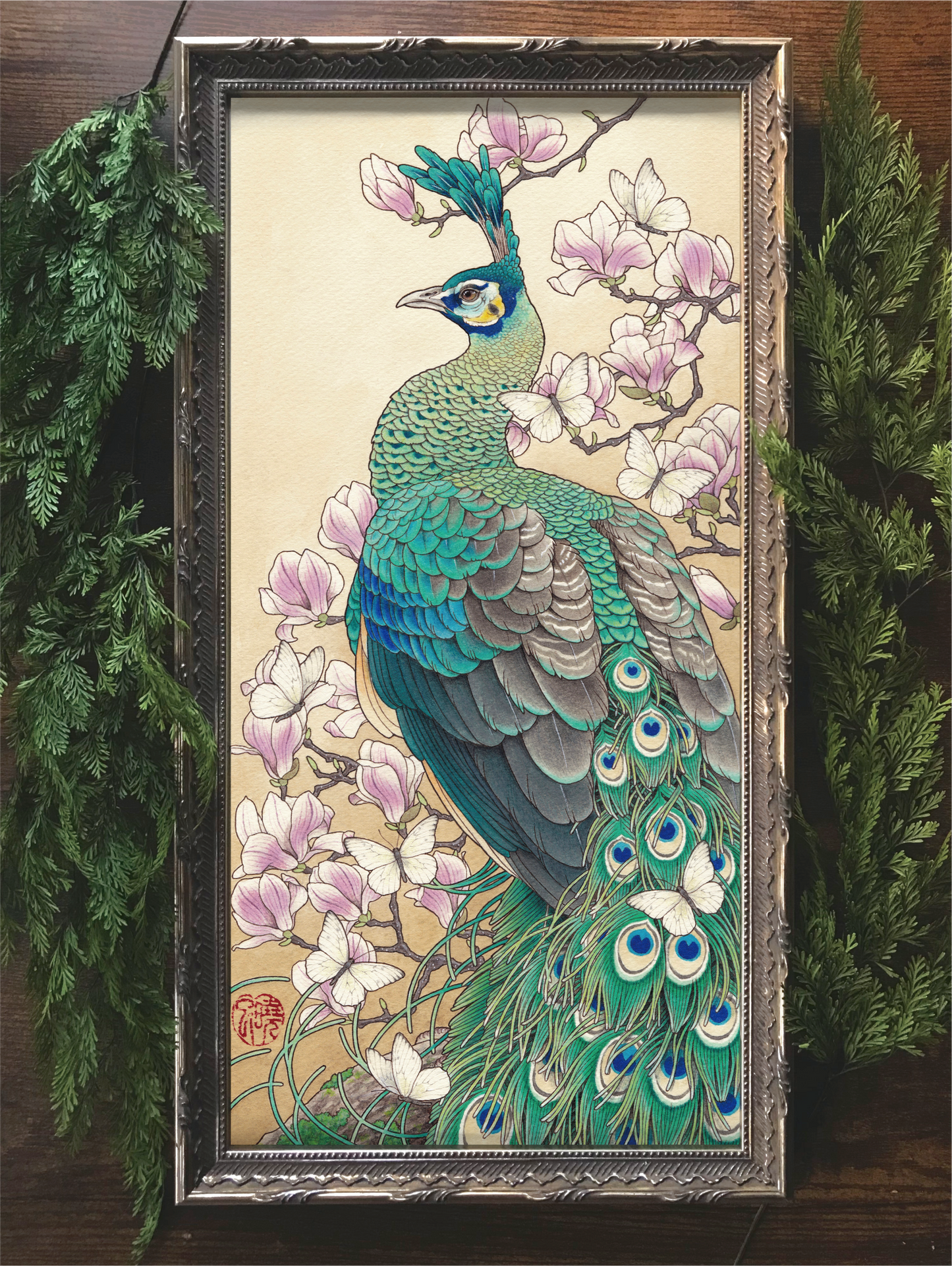 Green peafowl & Magnolia”マクジャクと木蓮 ”-textile ART frame