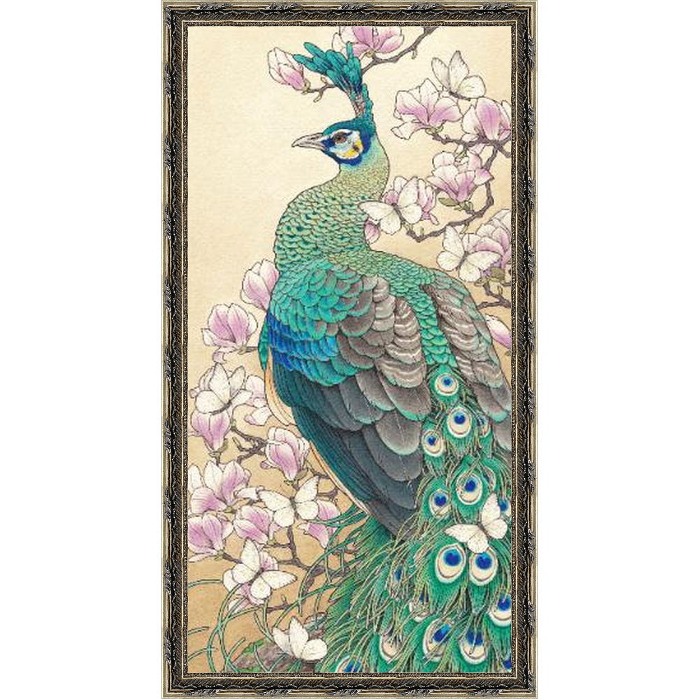 Green peafowl & Magnolia マクジャクと木蓮 (額装付)