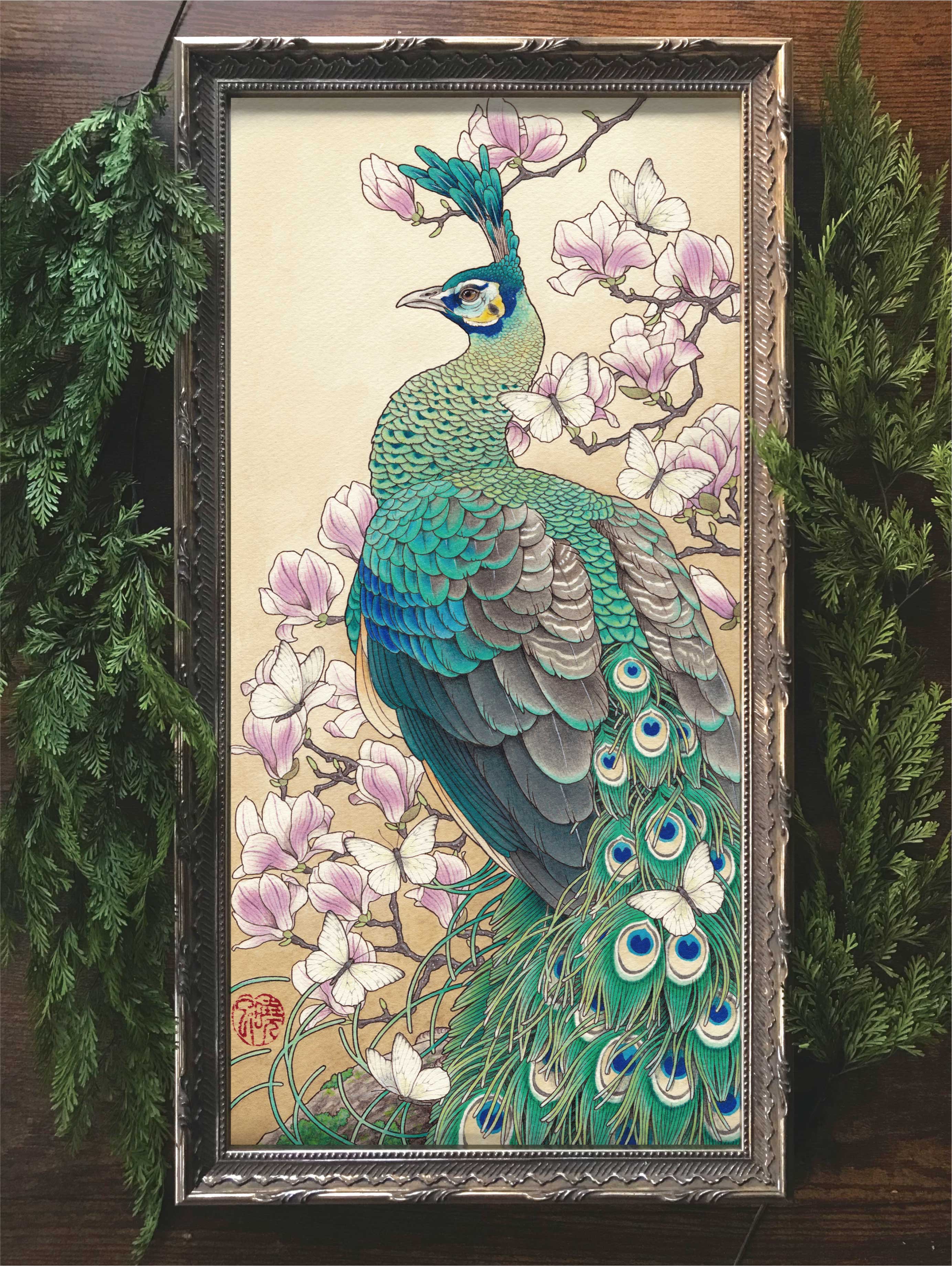 インテリアアート-Green peafowl & Magnolia マクジャクと木蓮 (額装付