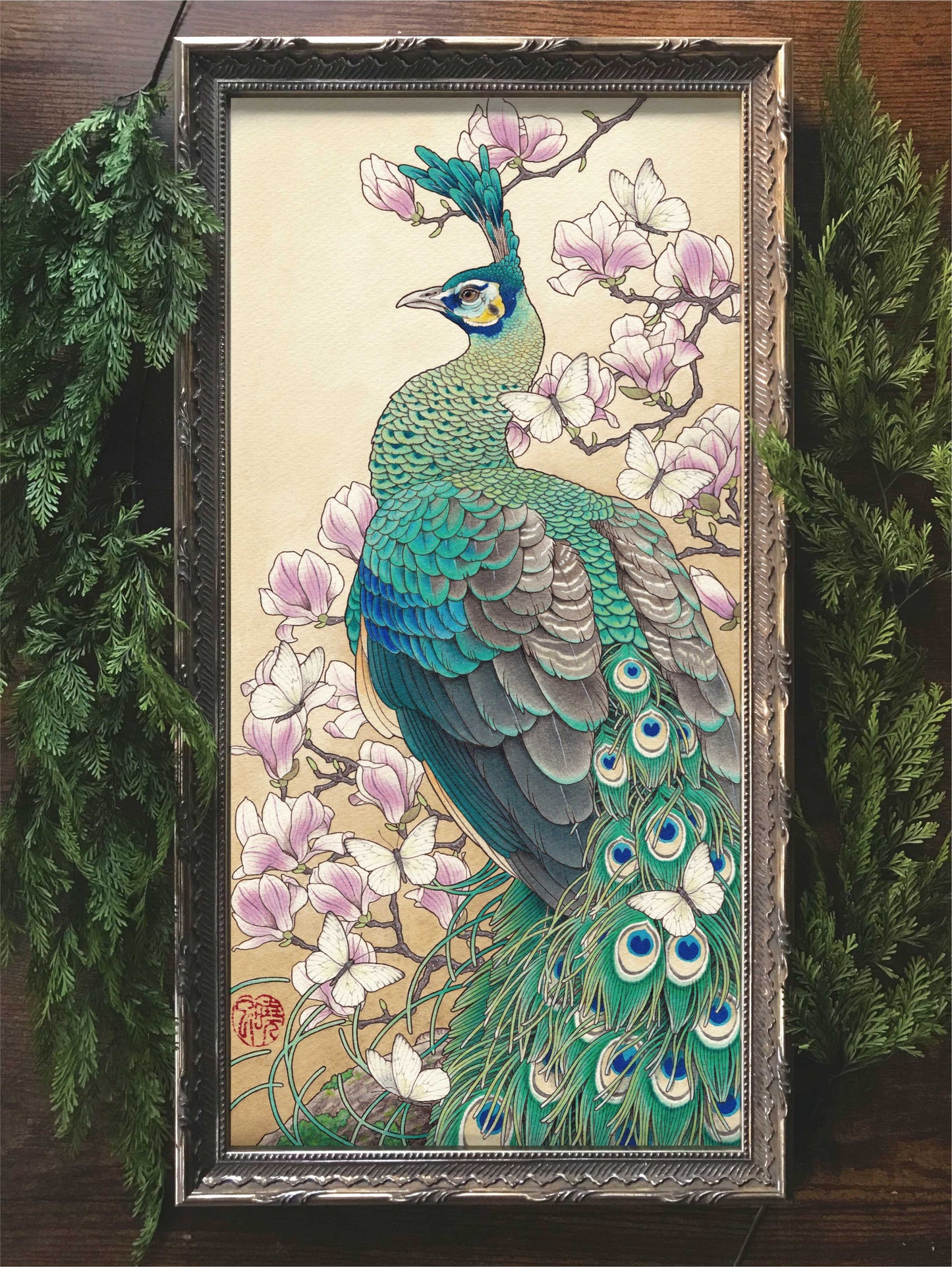 Green peafowl & Magnolia マクジャクと木蓮 (額装付)