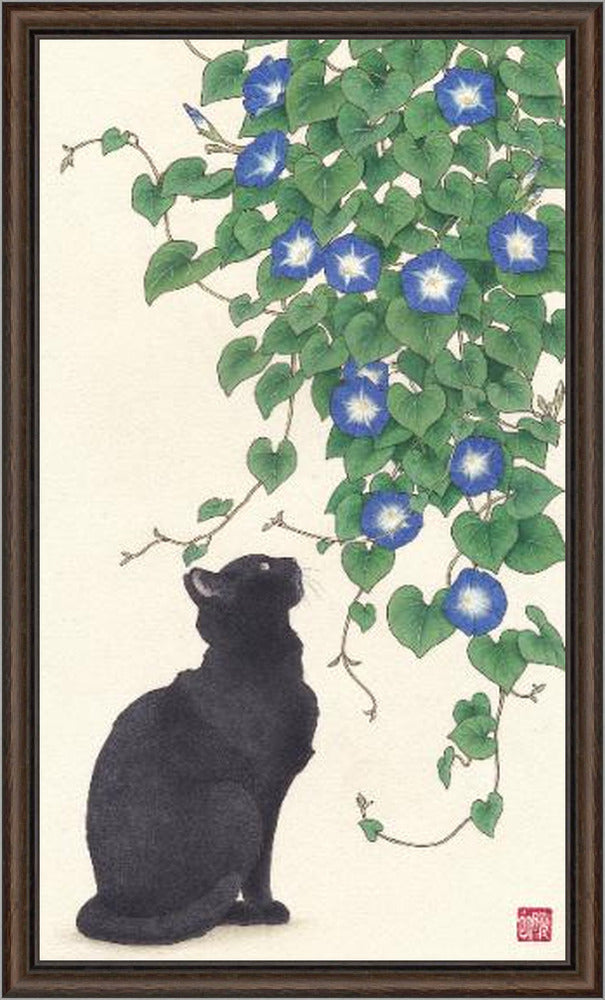 Black cat & Morning glory 黒猫と朝顔 (額装付)