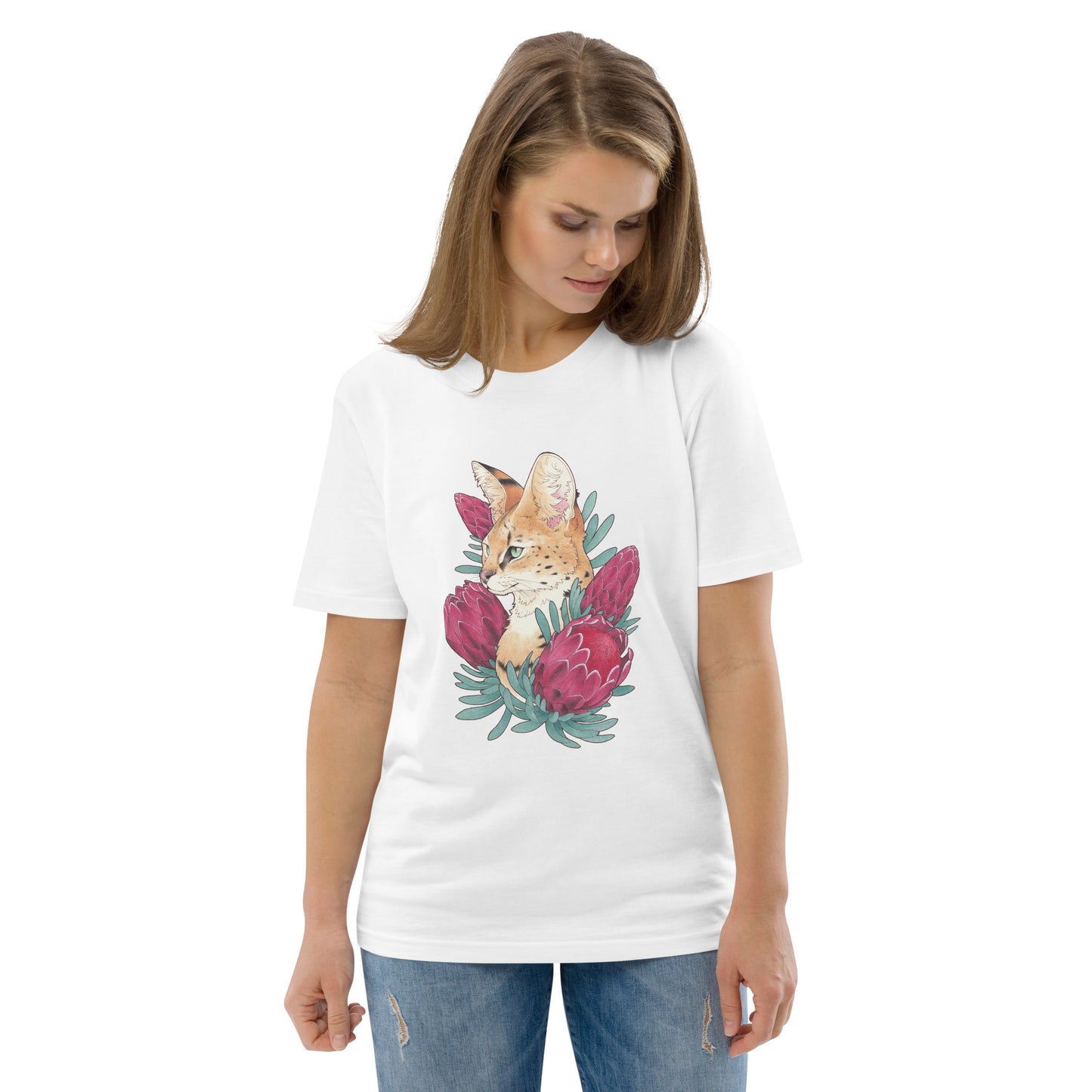 Serval cat &  Protea-Unisex organic cotton t-shirt