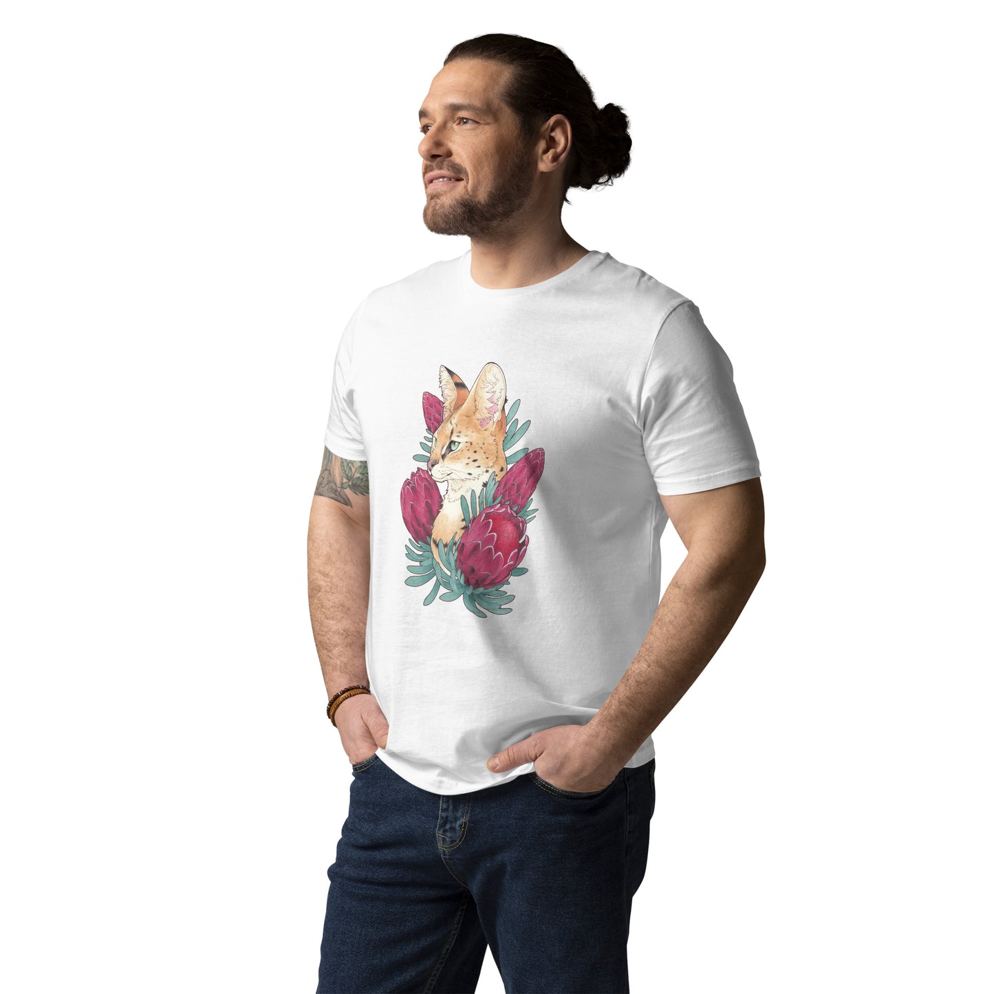Serval cat &  Protea-Unisex organic cotton t-shirt