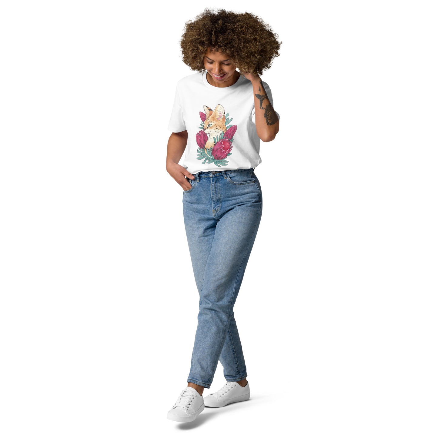Serval cat &  Protea-Unisex organic cotton t-shirt