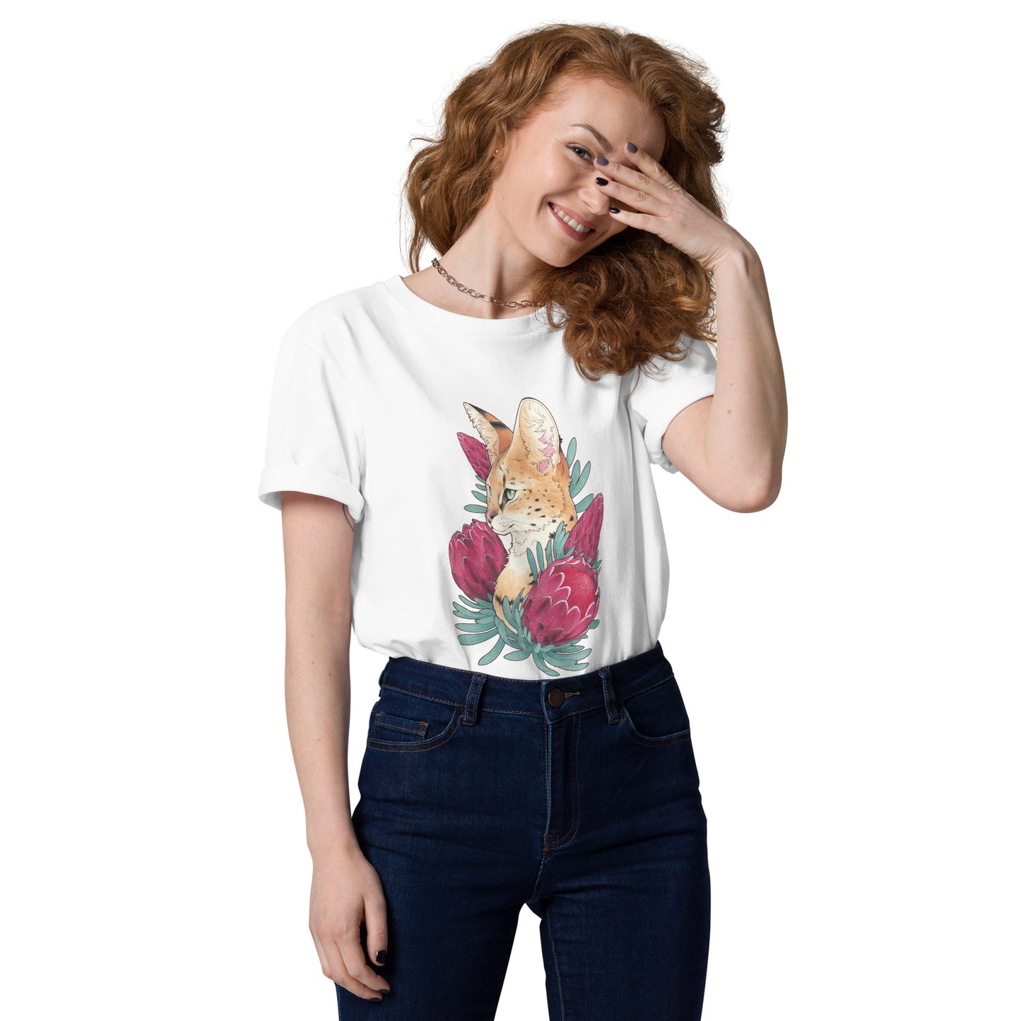Serval cat &  Protea-Unisex organic cotton t-shirt