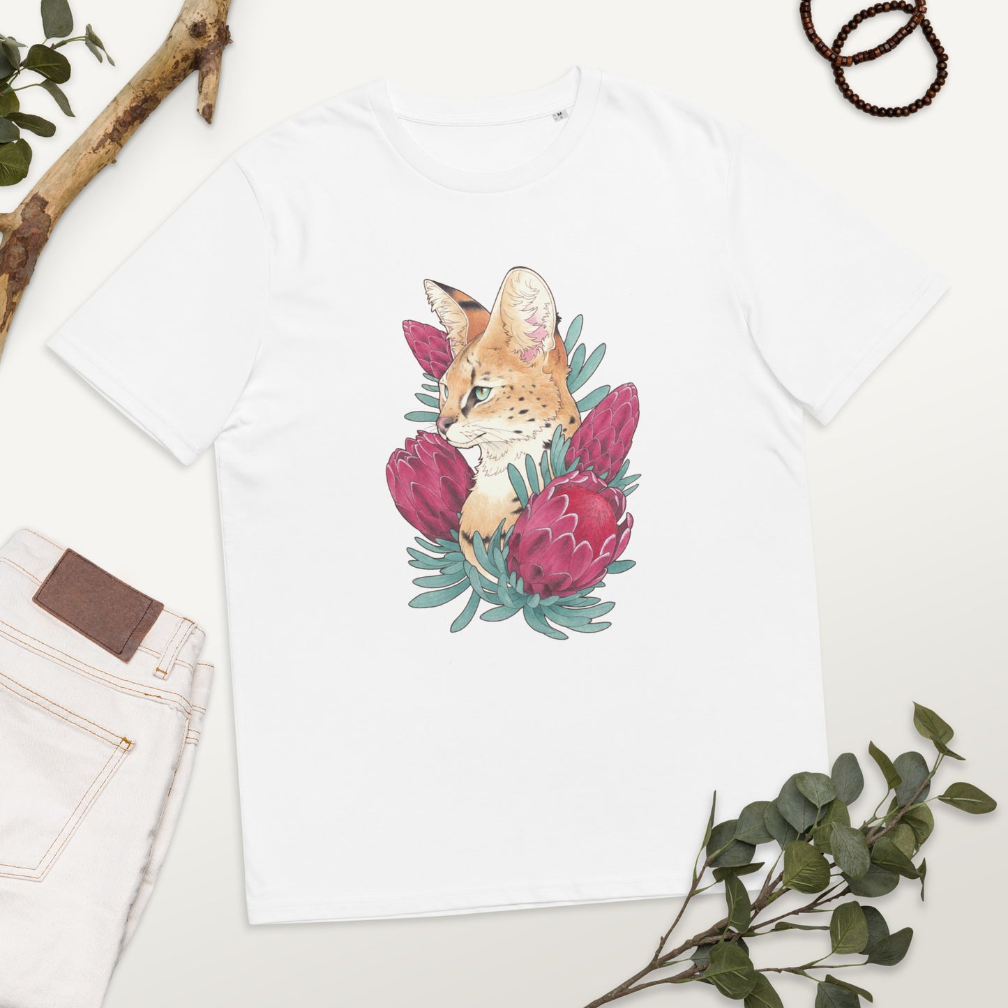 Serval cat &  Protea-Unisex organic cotton t-shirt