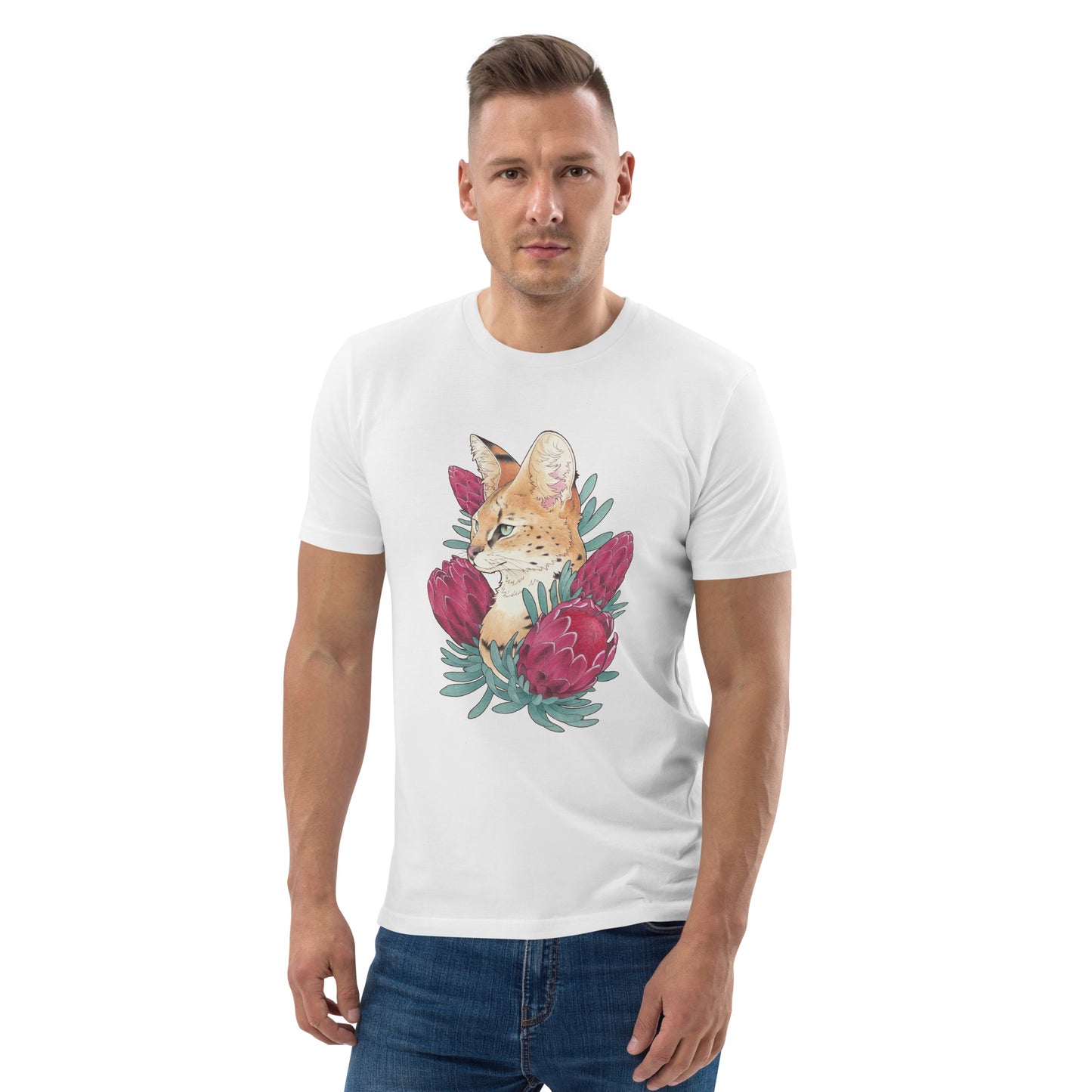 Serval cat &  Protea-Unisex organic cotton t-shirt