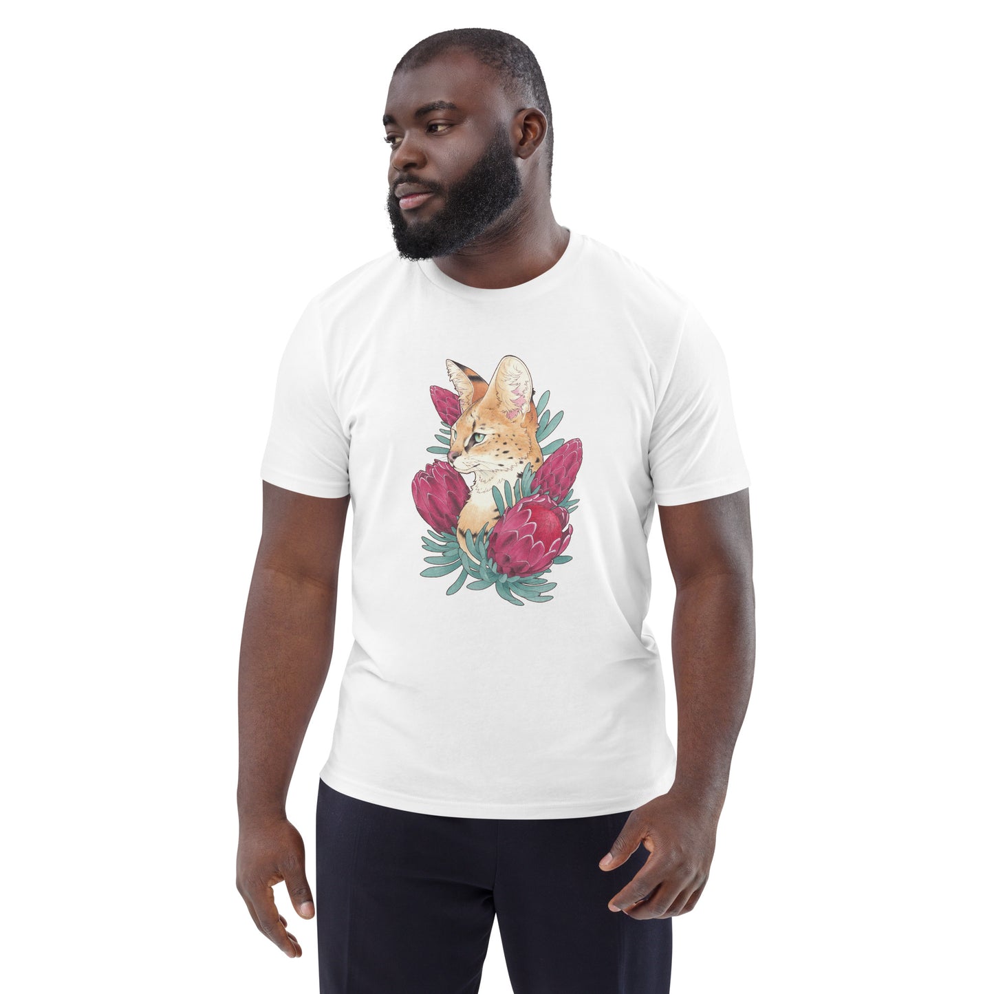 Serval cat &  Protea-Unisex organic cotton t-shirt