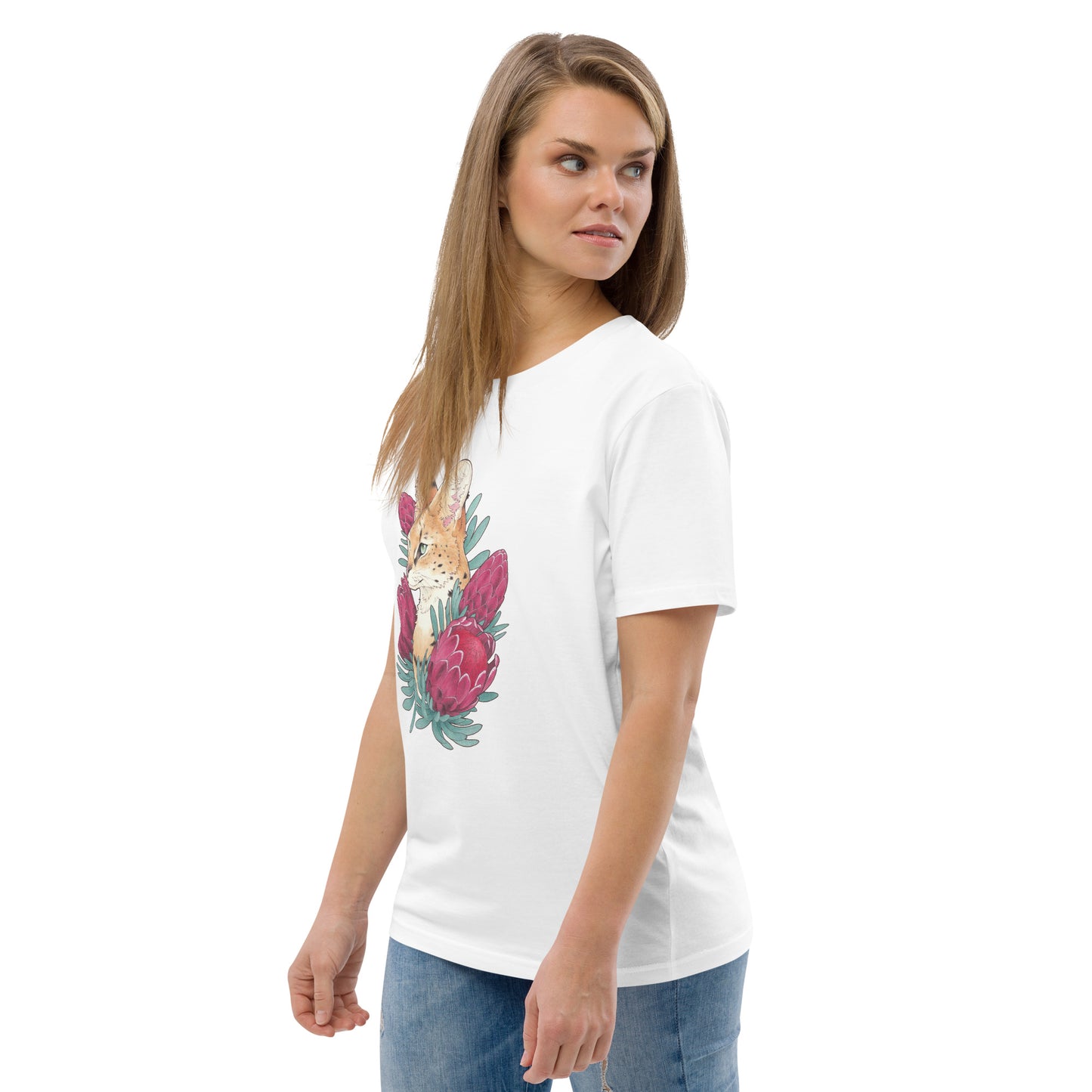 Serval cat &  Protea-Unisex organic cotton t-shirt
