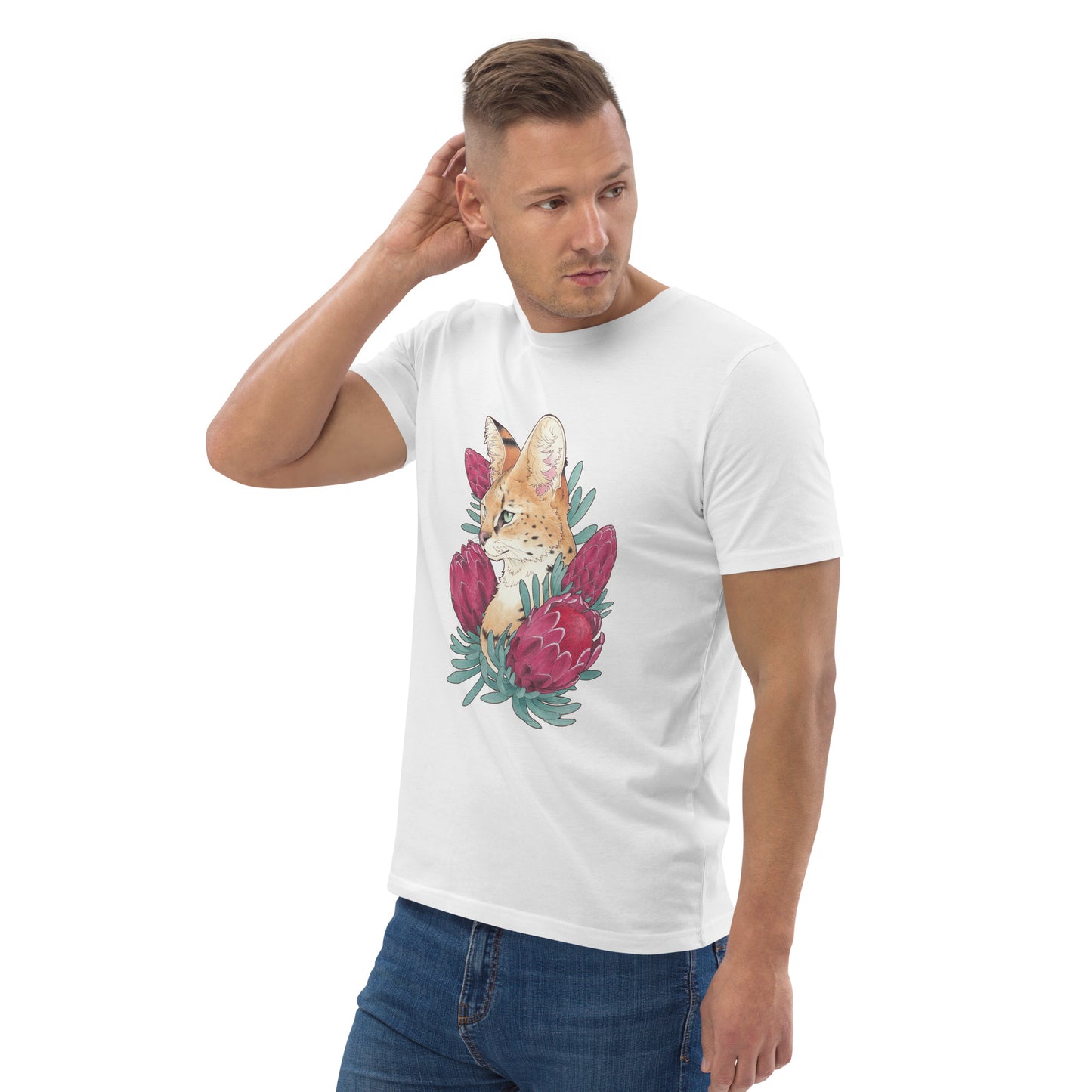 Serval cat &  Protea-Unisex organic cotton t-shirt