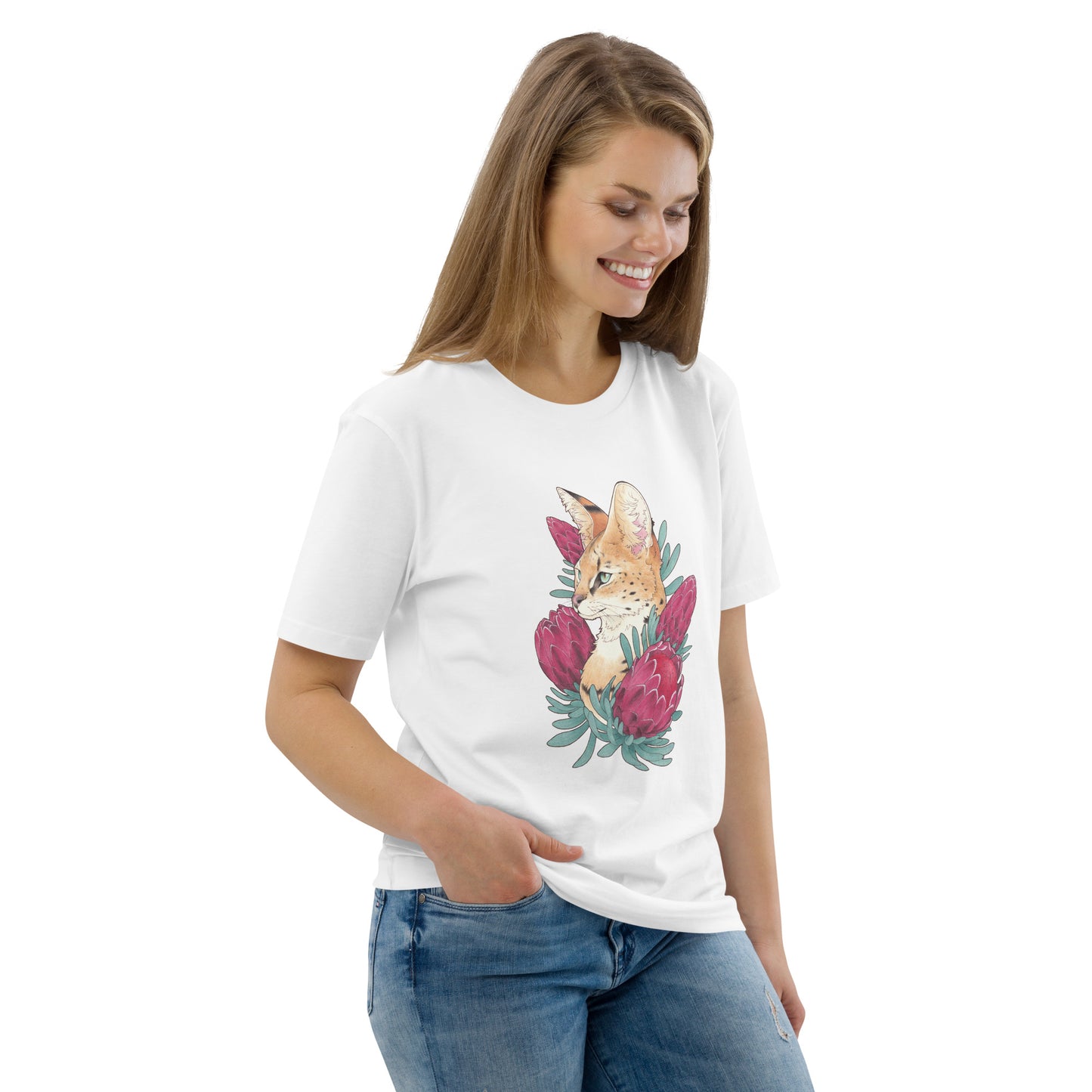 Serval cat &  Protea-Unisex organic cotton t-shirt